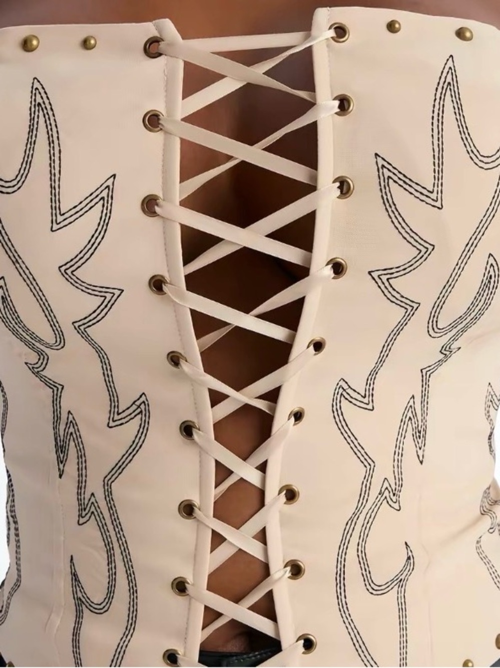Fashion Nova Cream Lace-Up Embroidered Bustier Top